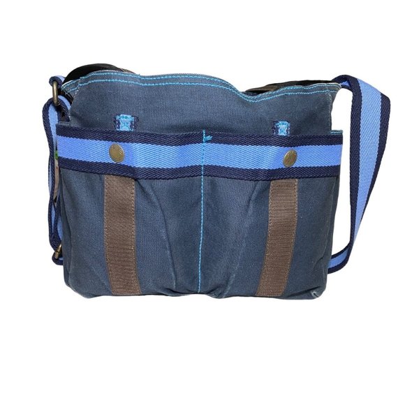 Vintage GAP Blue Canvas Messenger Bag Book Bag 90s Y2K GUC Yellow PVC Interior - Picture 9 of 14